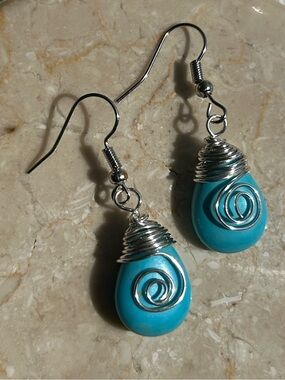 Artisan Teal Howlite Teardrop Wire-Wrapped Dangle Earrings